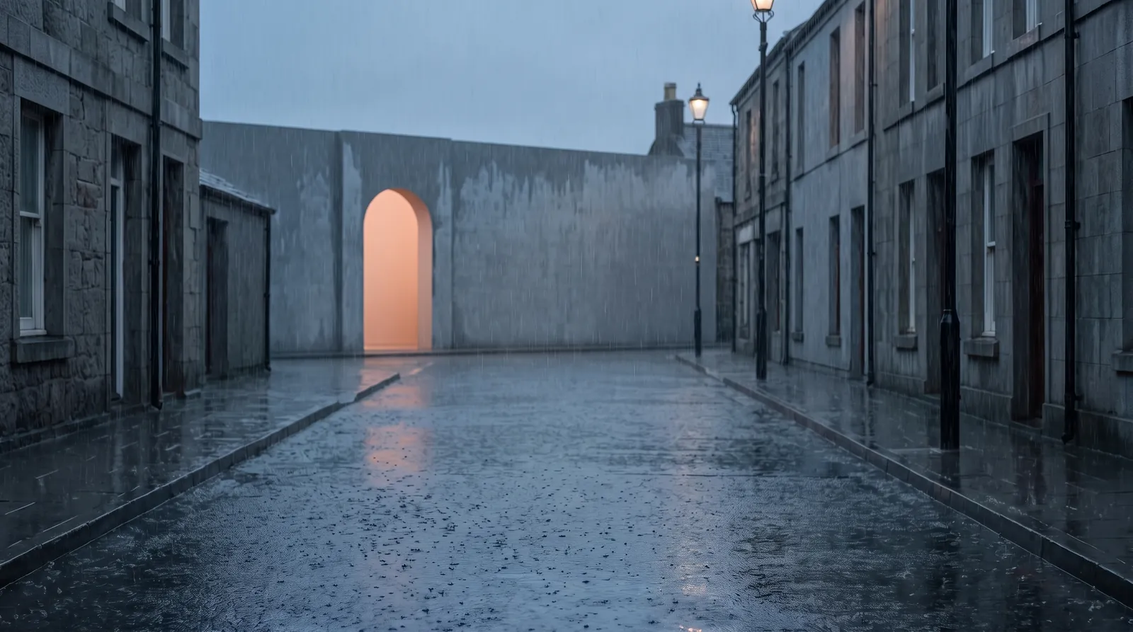 A wet street at dusk. In the wall at the end of it, the archway glows peach.