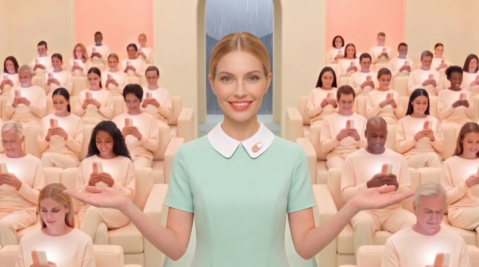 Joy, in a mint dress with a white collar, opens her arms in a peach lounge. Behind her, rows of guests in cream look down at glowing capsule phones.