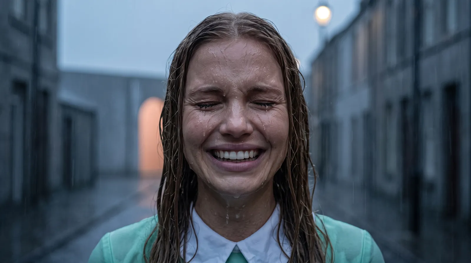 Joy outside on a wet street at dusk, hair down and soaked, laughing with her eyes shut in the rain.